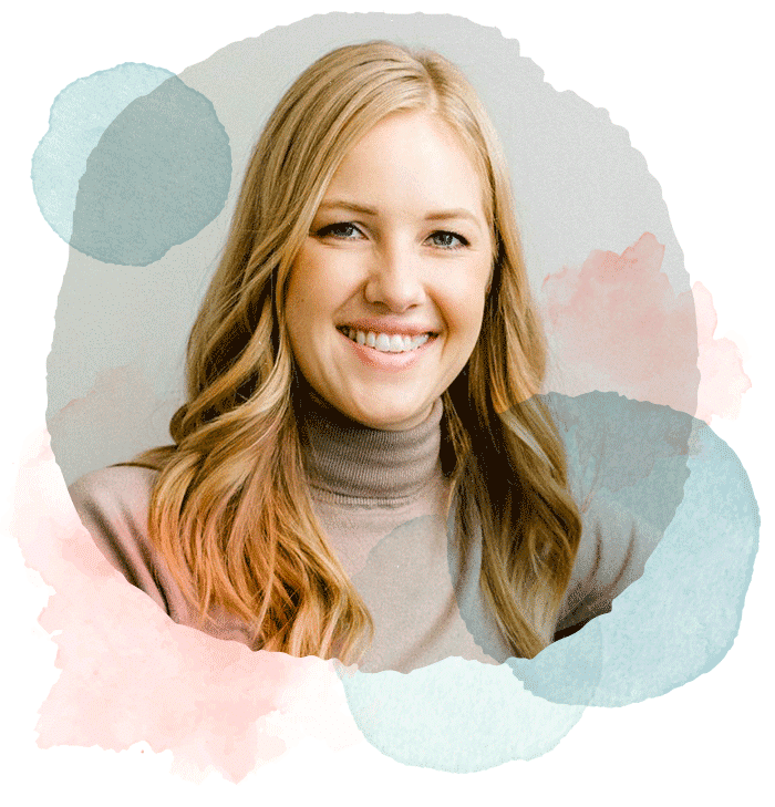 An image of Alex smiling surrounded by watercolour shapes. Premarital counselling in vancouver bc